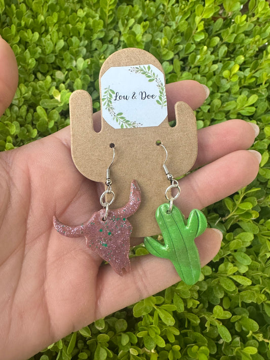 Small saguaro & bull skull clay earrings