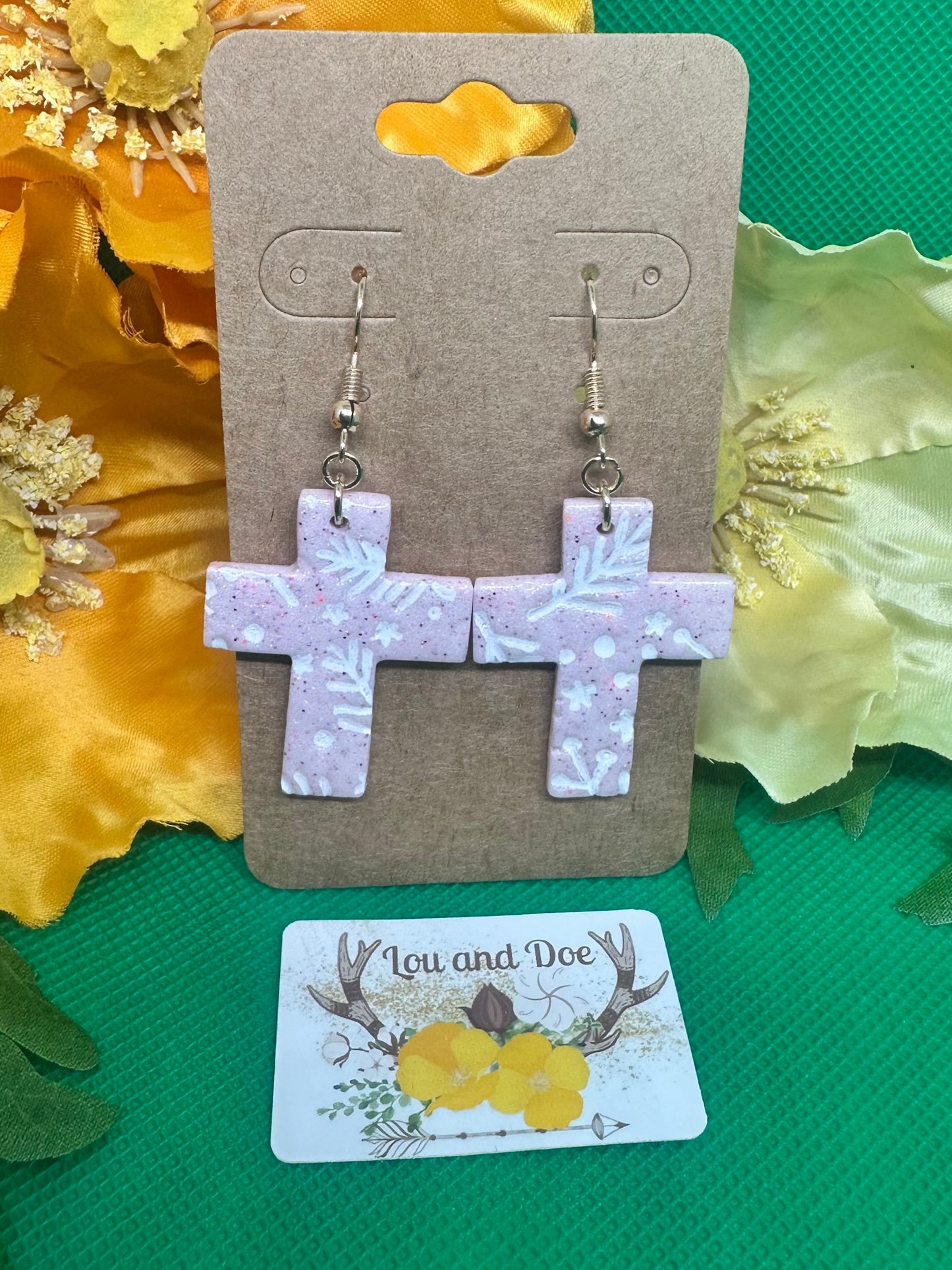 ✝️pink glittery cross earrings with design on shepherds hooks✝️