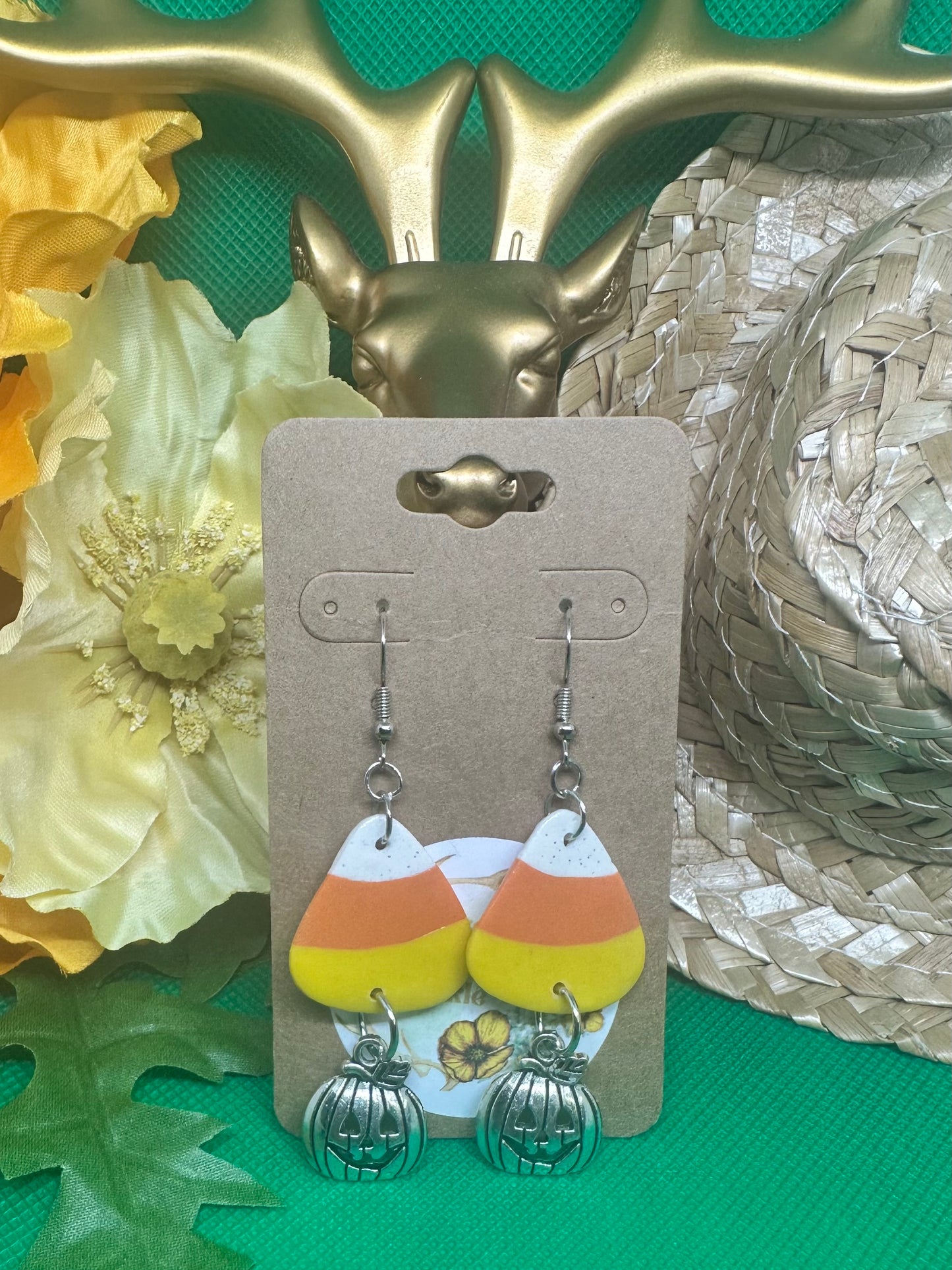🎃Candy Corn with pumpkin charm dangle earrings on silver shepherds hooks🎃