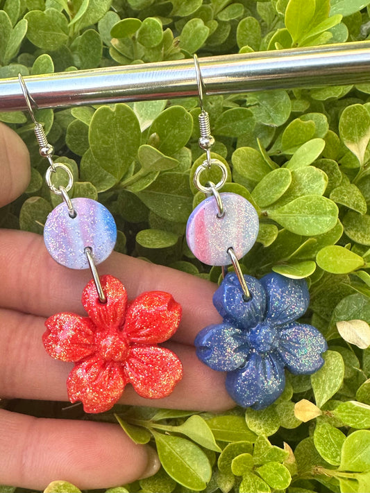Medium red white & blue flower clay earrings