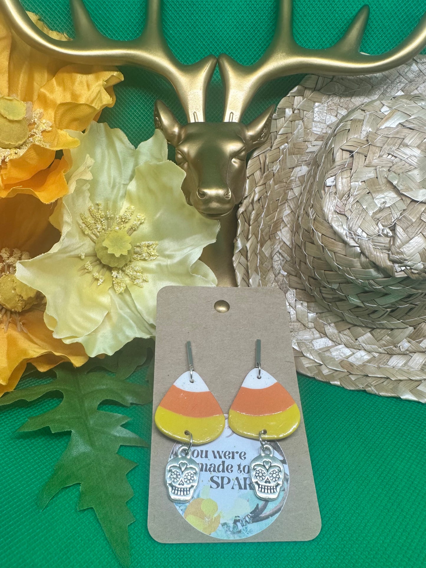 🎃candy corn with sugar skull dangle earrings on silver findings🎃