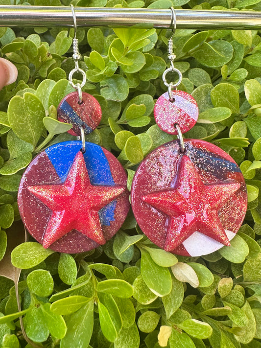 Large red white & blue star clay earrings