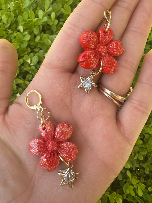 Large flower with star clay earrings
