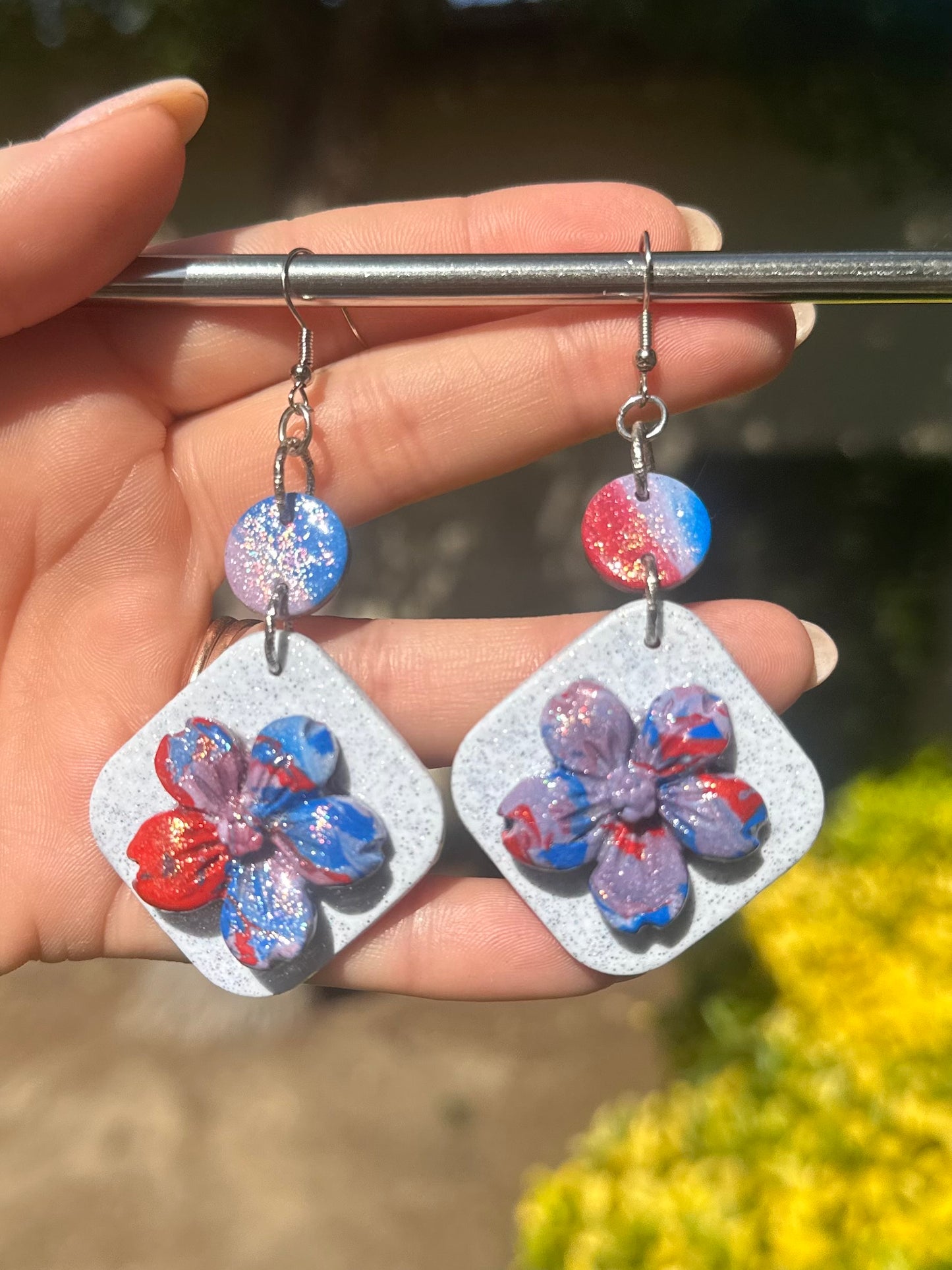 Large red white & Blue clay earrings