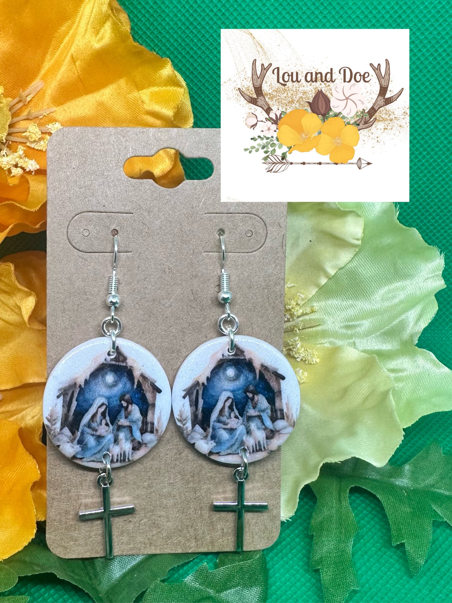 ✝️ nativity dangle earrings with cross charm on shepherds hooks✝️