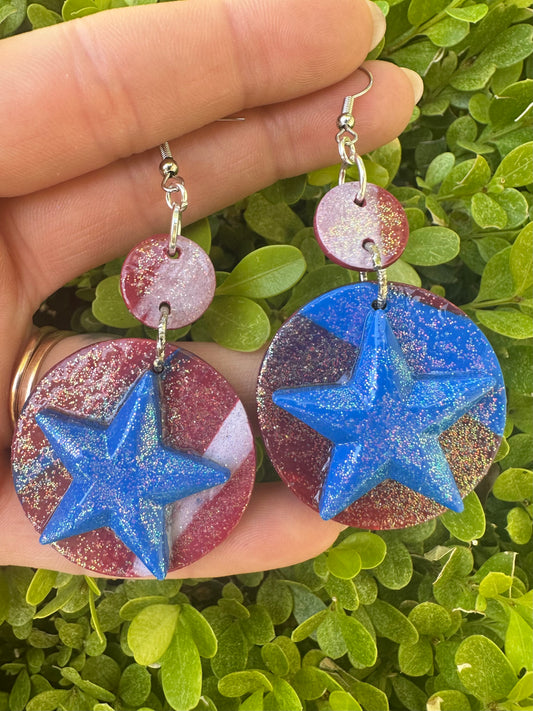 Large red white & blue star clay earrings