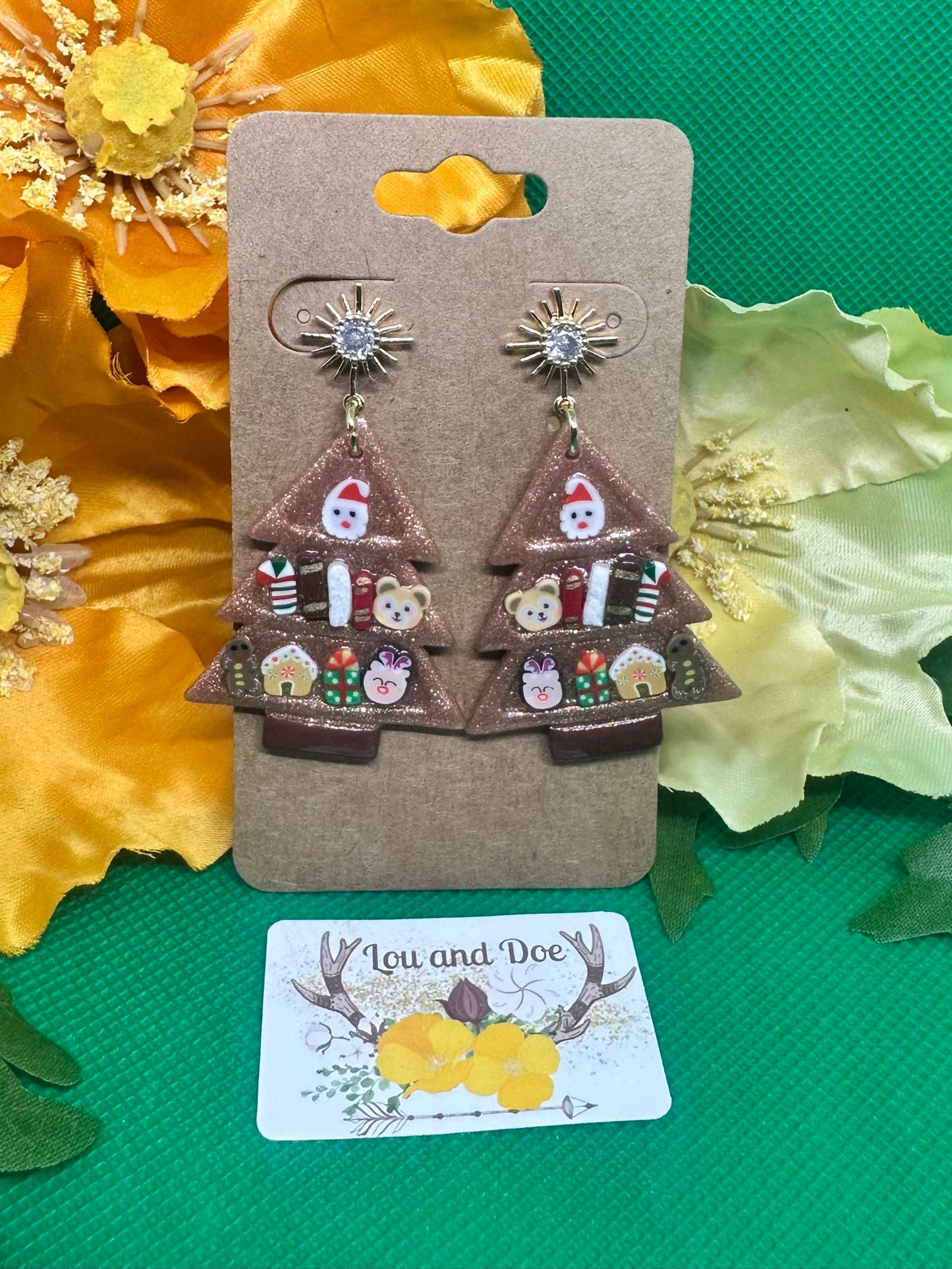 🎄rose gold glittery holiday bookshelf earrings on gold with crystal findings🎄