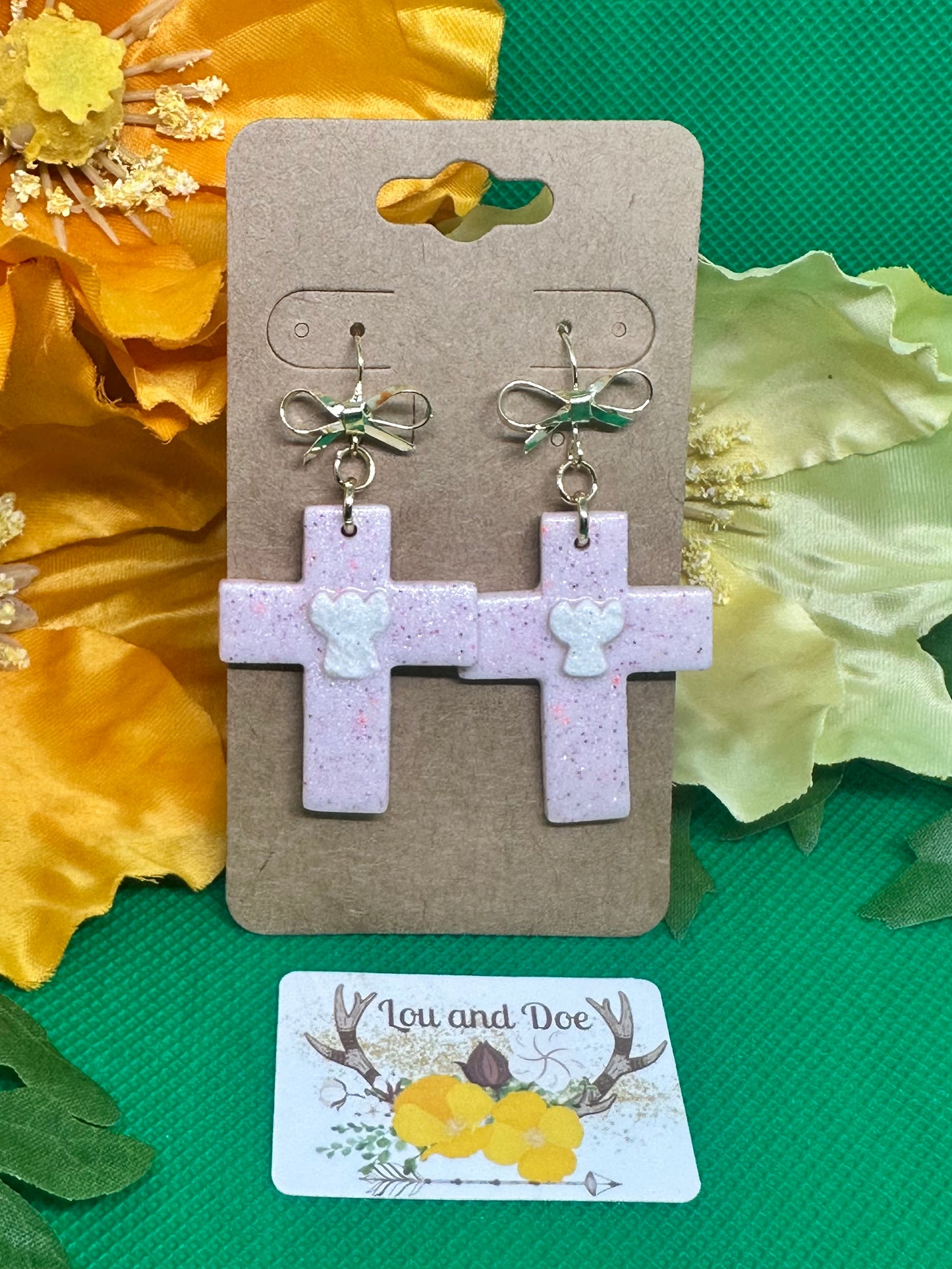 🕊️Glittery pink crosses with gold bow shepherds hooks🕊️