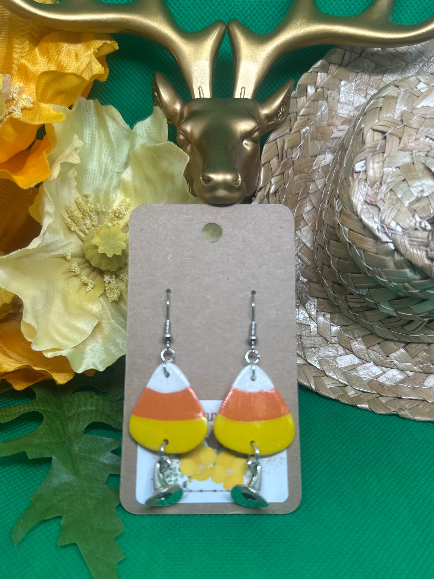 🎃Candy Corn with witch hat charm dangle earrings on silver shepherds hooks🎃