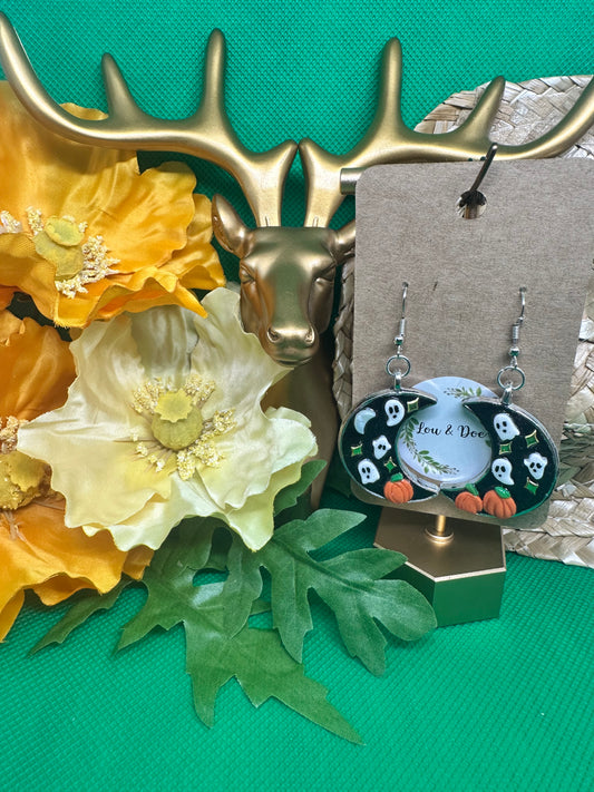 🎃Silver crescent fall scene dangle earrings🎃