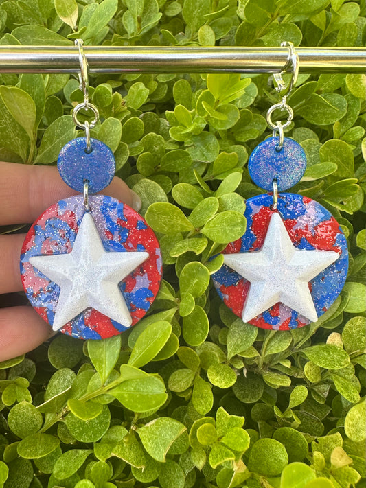 Large red white & blue clay earrings