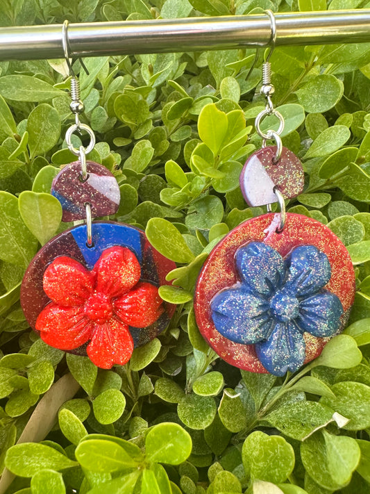 Large red white & blue flower clay earrings
