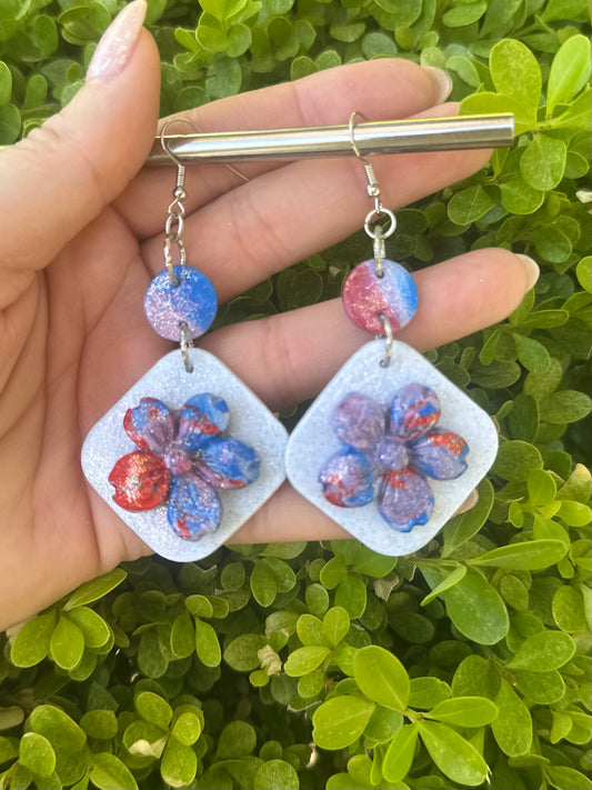 Large red white & Blue clay earrings