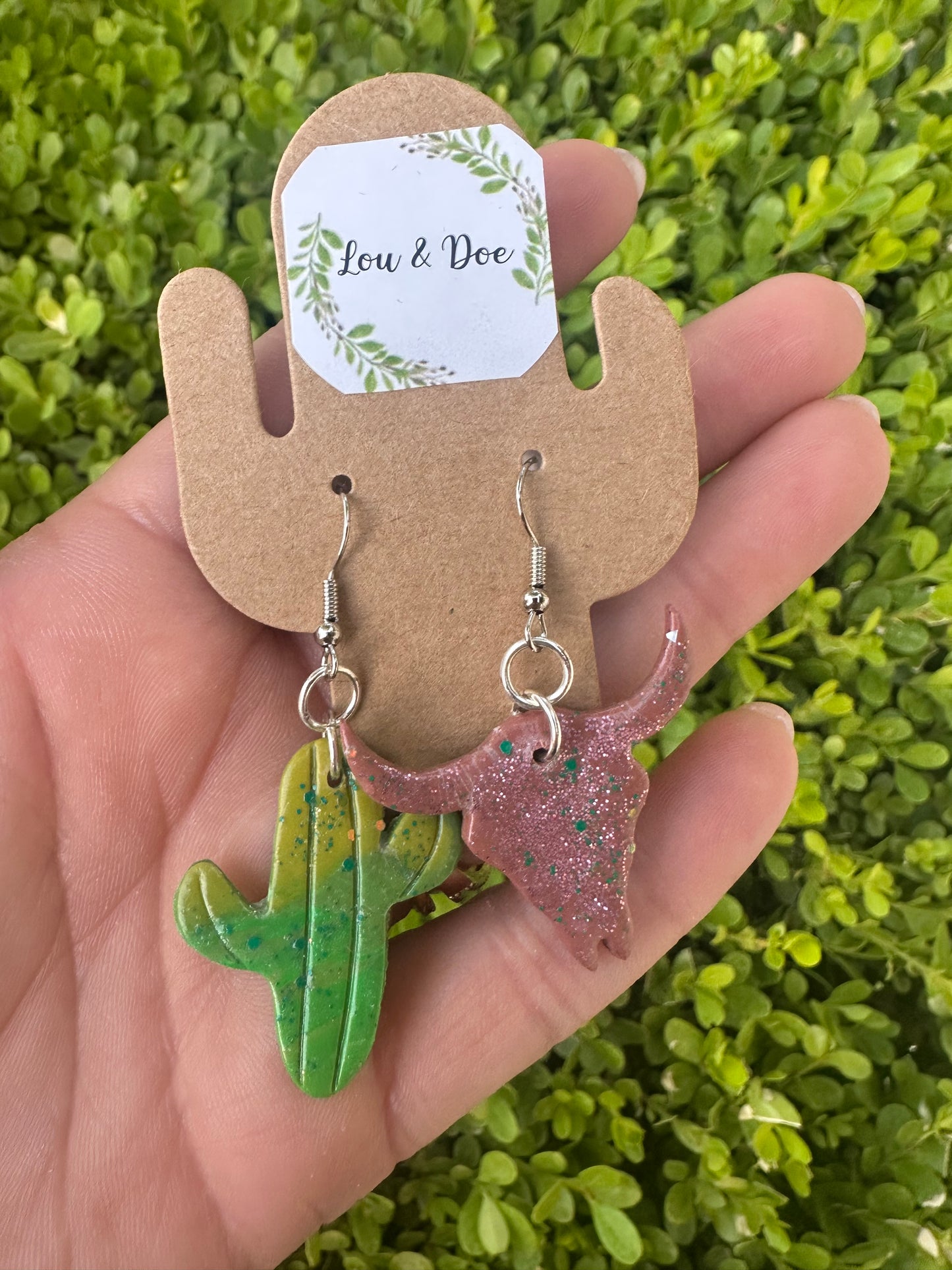 Small saguaro & bull skull clay earrings