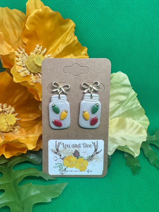 🫙Holiday mason jar with lights dangle earrings on gold bow findings 🫙