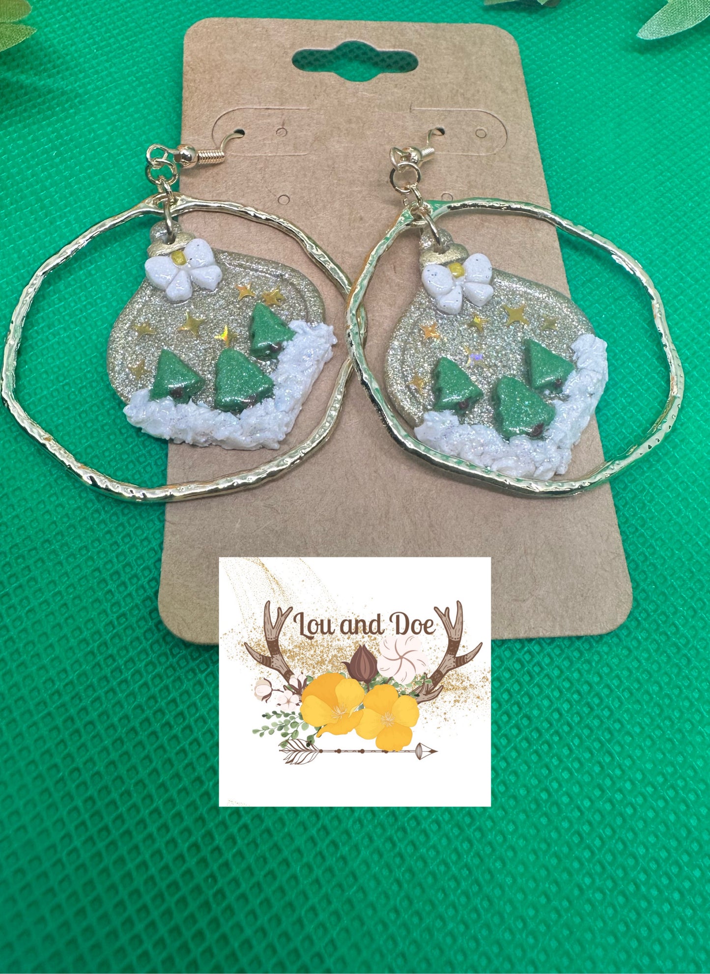 🌲Glittery Gold ornament dangle earrings with trees and snow inside a gold hoop on gold shepherds hooks🌲