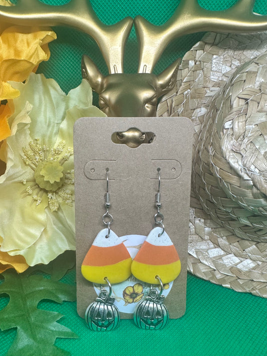 🎃Candy Corn with pumpkin charm dangle earrings on silver shepherds hooks🎃