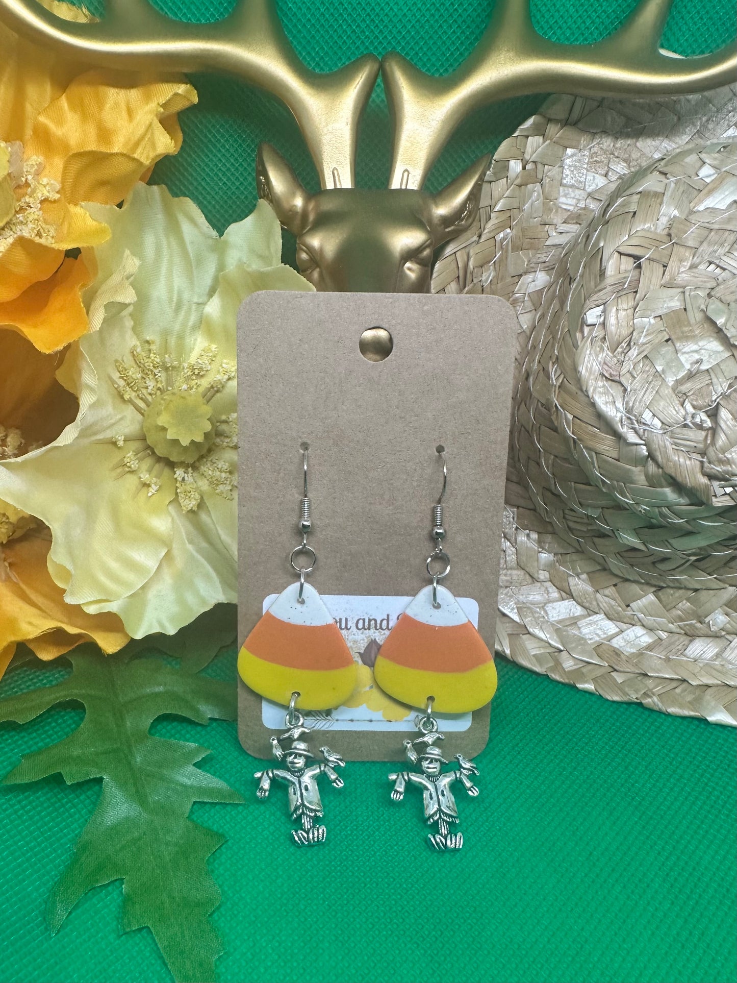 🎃Candy Corn with scarecrow charm dangle earrings on silver shepherds hooks🎃
