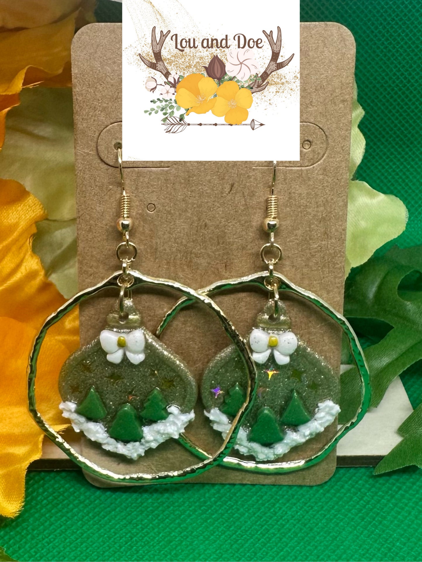 🌲Glittery Gold ornament dangle earrings with trees and snow inside a gold hoop on gold shepherds hooks🌲