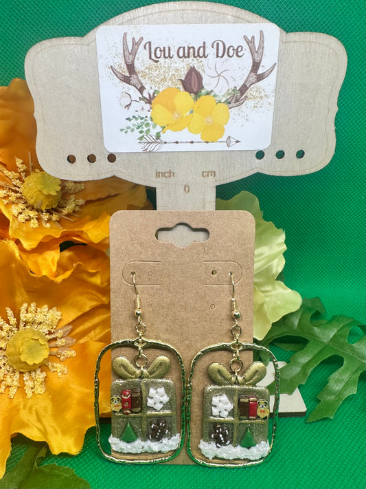 🎁Gold Glittery holiday gift bookshelf dangle earrings inside a gold embellishment on gold shepherds hooks🎁