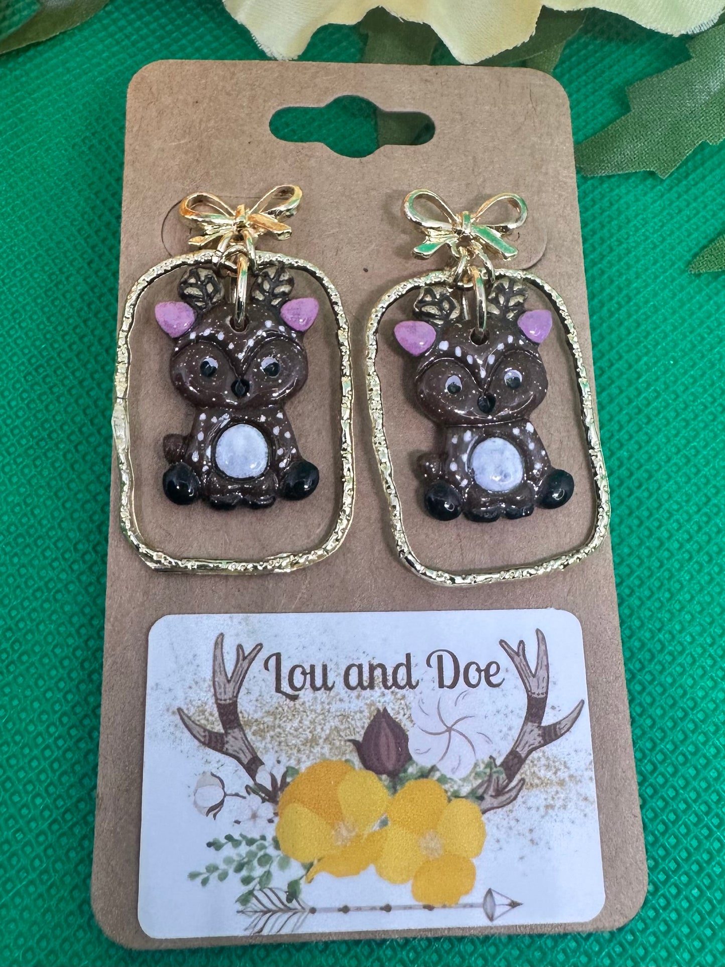 🦌Deer dangle earrings inside gold frame embellishment on gold bow findings🦌