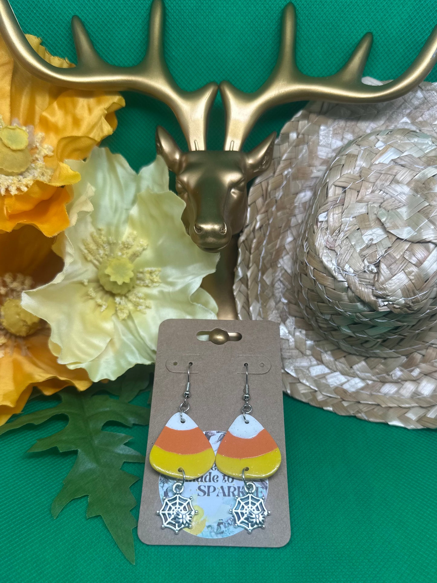 🎃Candy Corn with web charm dangle earrings on silver hooks🎃