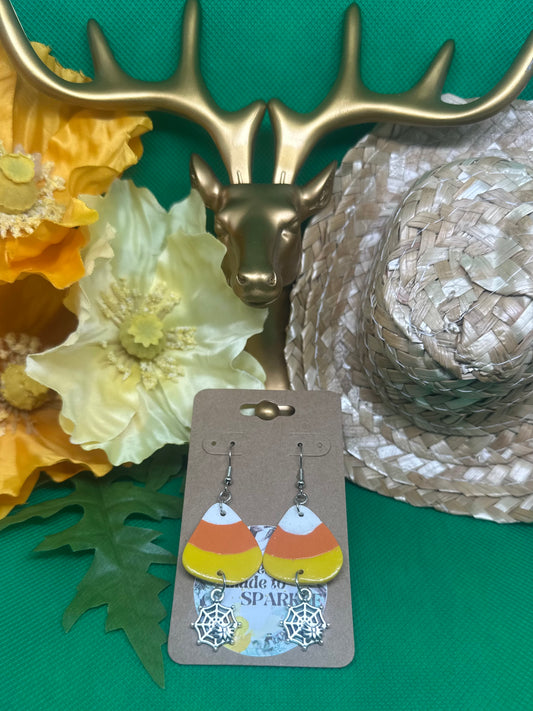 🎃Candy Corn with web charm dangle earrings on silver hooks🎃