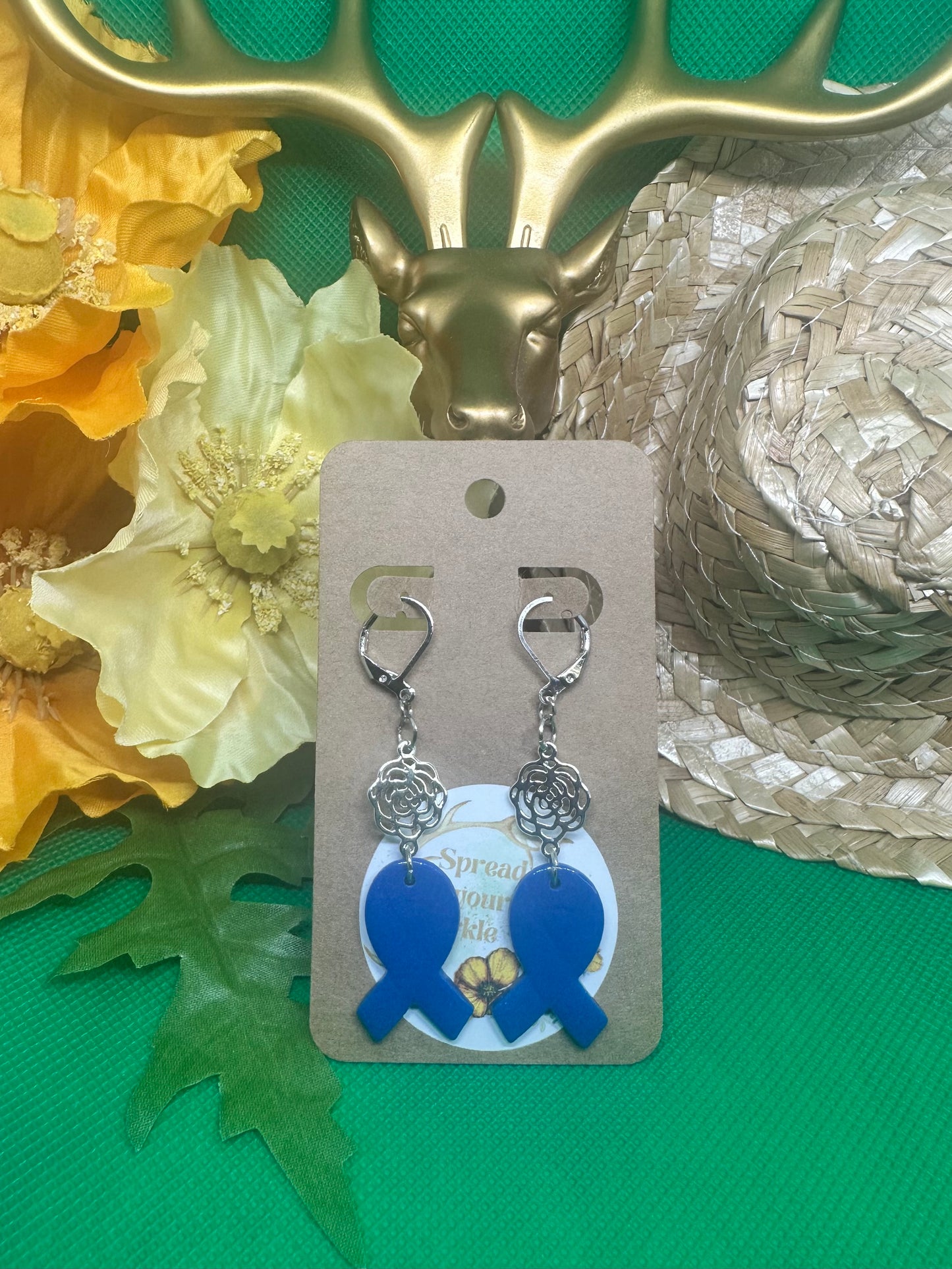 💙Alopecia Awareness ribbon with flower dangle clay earrings💙