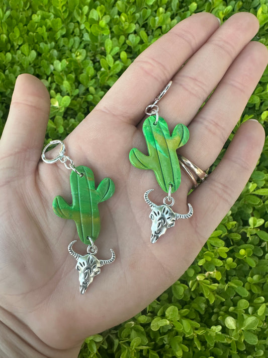 Medium saguaro & bull skull charm clay earrings