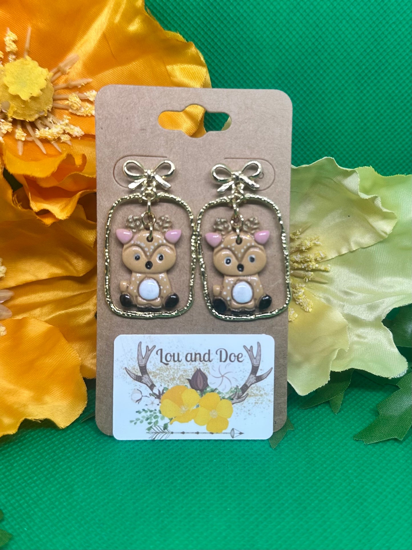 🦌Deer dangle earrings inside gold frame embellishment on gold bow findings🦌