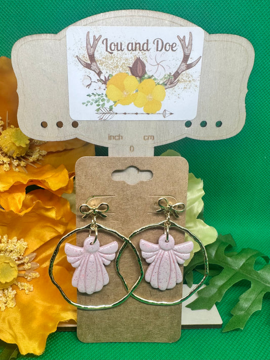 🎀pink angel dangle earrings inside a gold embellishment on gold bow findings🎀