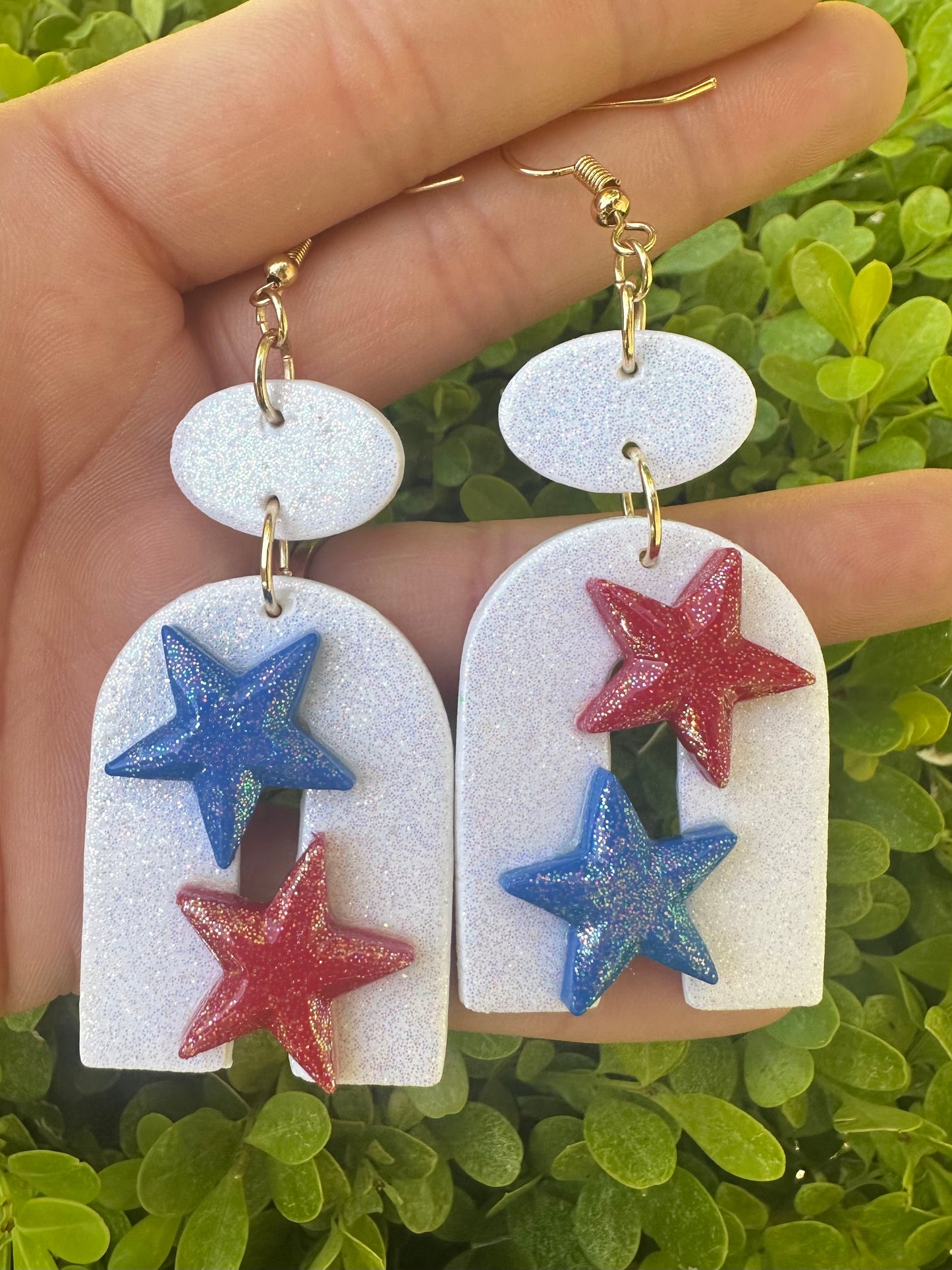 Large red white & blue star clay earrings