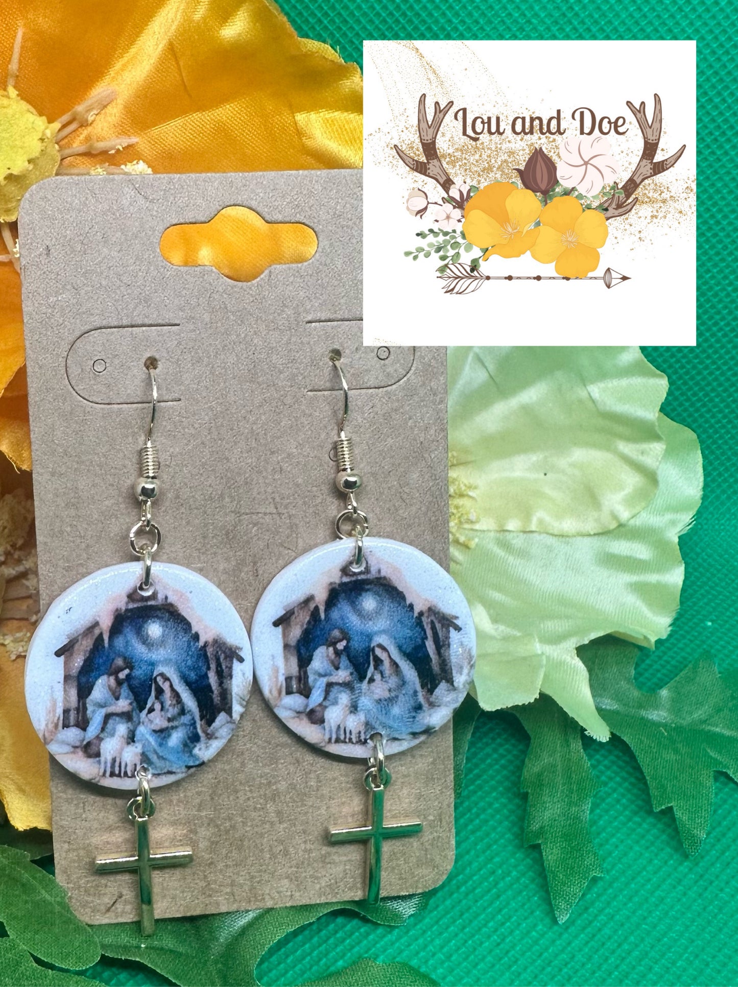 ✝️ nativity dangle earrings with cross charm on shepherds hooks✝️￼