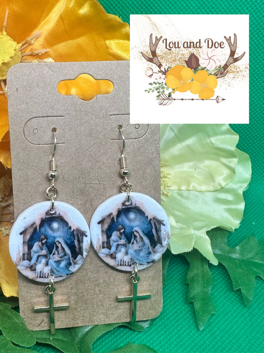 ✝️ nativity dangle earrings with cross charm on shepherds hooks✝️￼