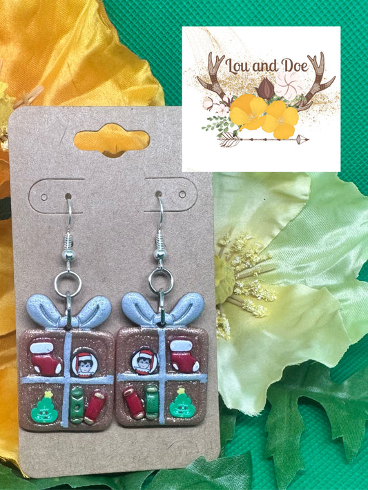 🎁rose gold with silver bow present bookshelf dangle earrings with Christmas decor on silver shepherds hooks🎁