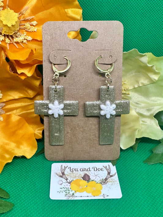 ❄️gold glittery cross earrings with snowflakes on gold hoop findings❄️
