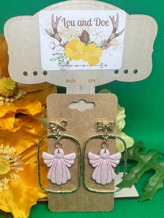 🎀pink angel dangle earrings inside a gold embellishment on gold bow findings🎀