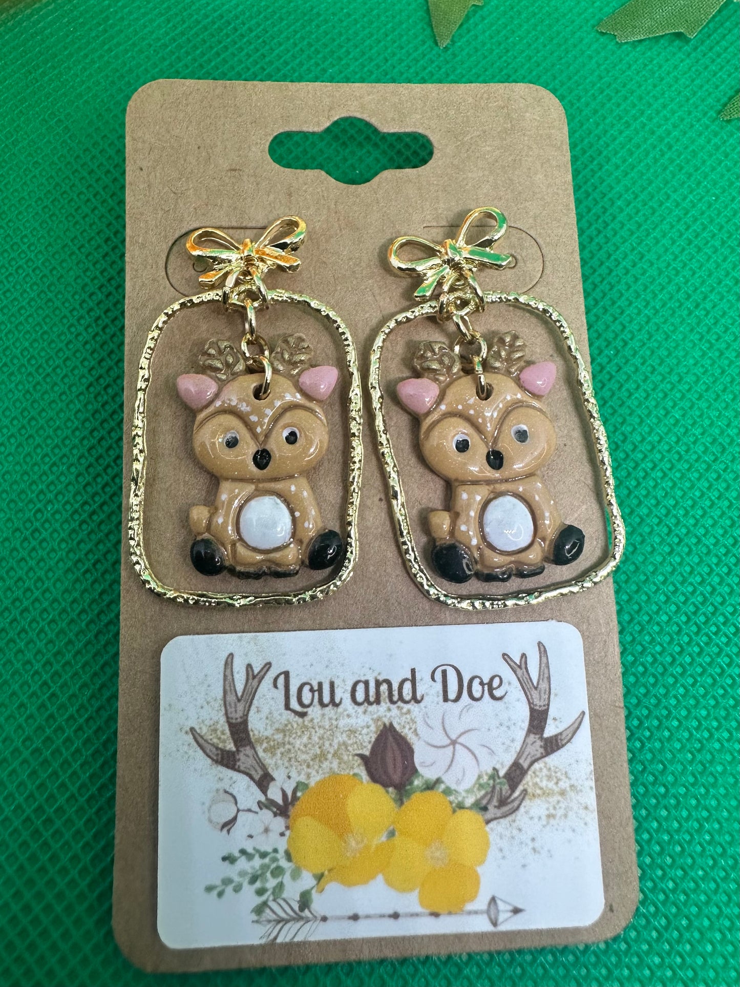 🦌Deer dangle earrings inside gold frame embellishment on gold bow findings🦌