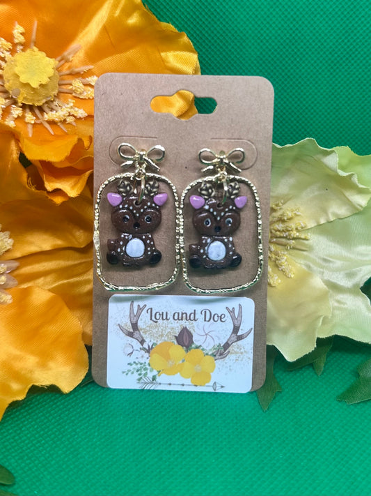 🦌Deer dangle earrings inside gold frame embellishment on gold bow findings🦌