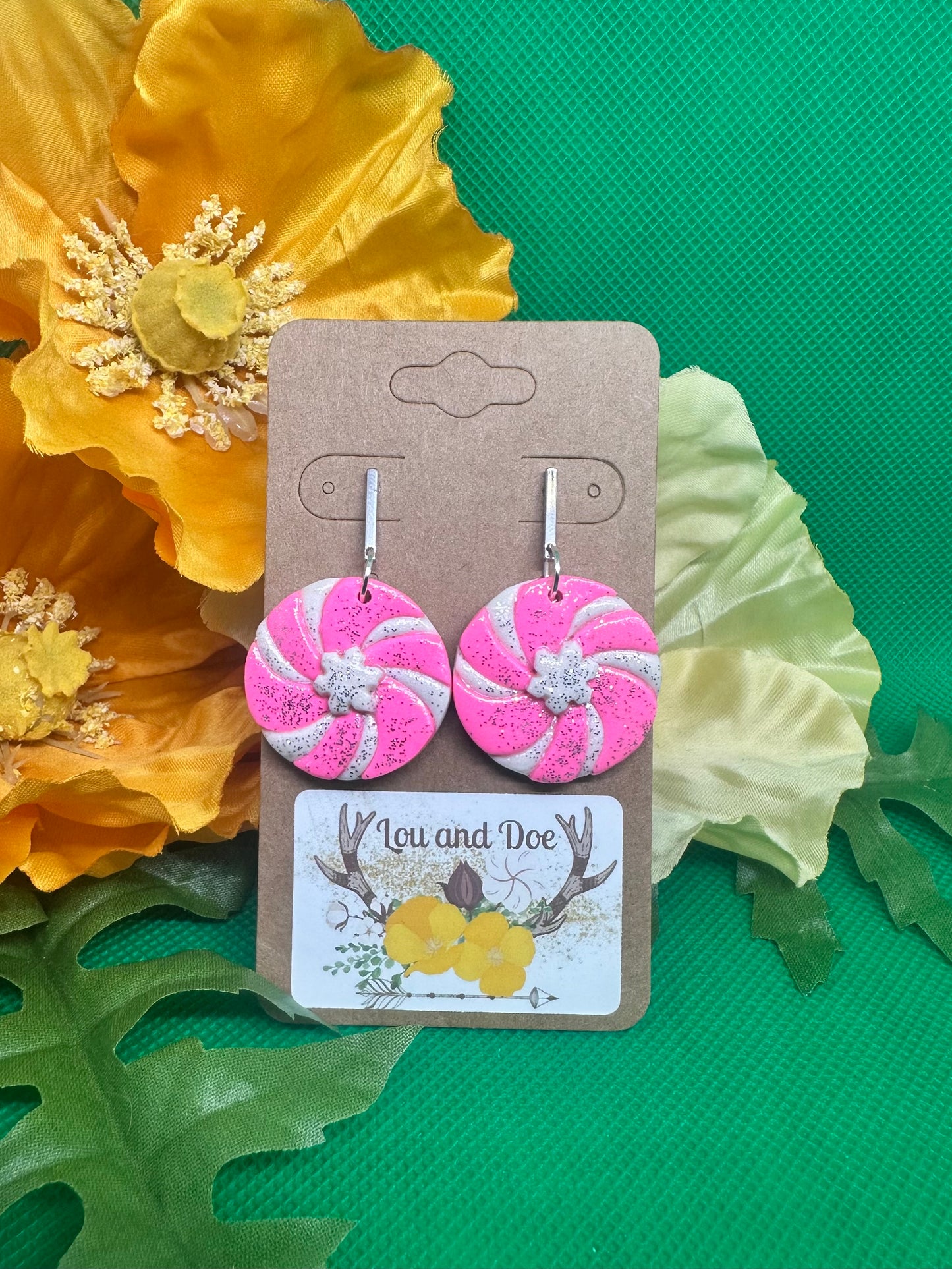 ❄️Pink peppermint with snowflake dangle earrings on silver post findings❄️